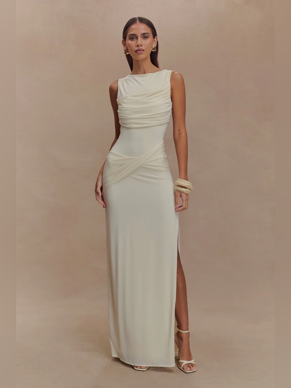 Meshki Henley Slinky Drape Maxi Dress - Ivory (NWT) minor smudges at bottom hem
